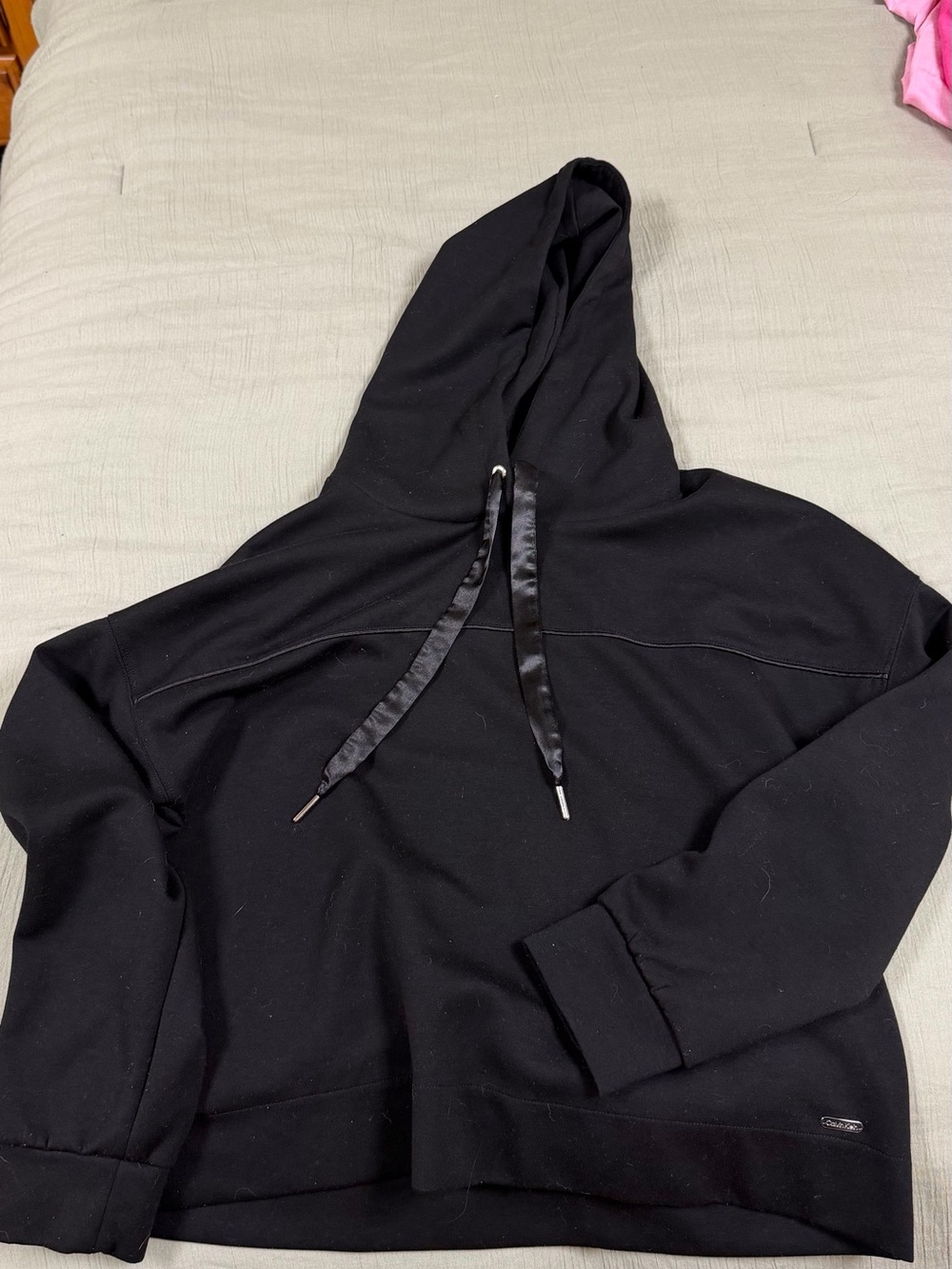 Calvin Klein Black Hooded Satin-Drawcord Sweatshirt